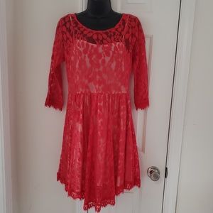 Free People Sexy Red Lace Dress 3/4 Sleeve Size 6 Sheer Scalloped Hem